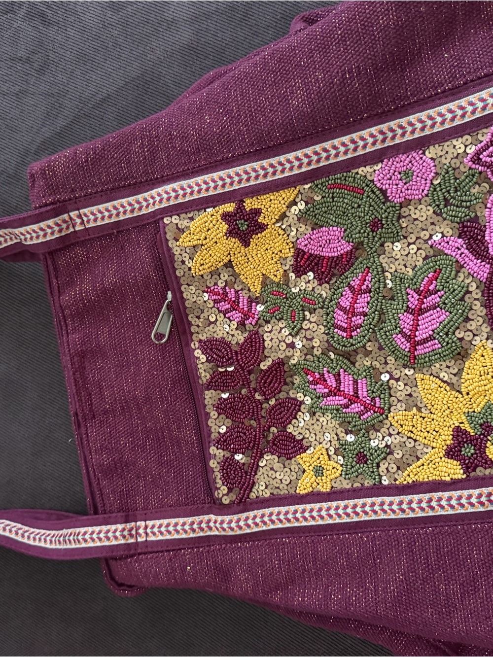 Embroidered Floral Shoulder Bag in Plum